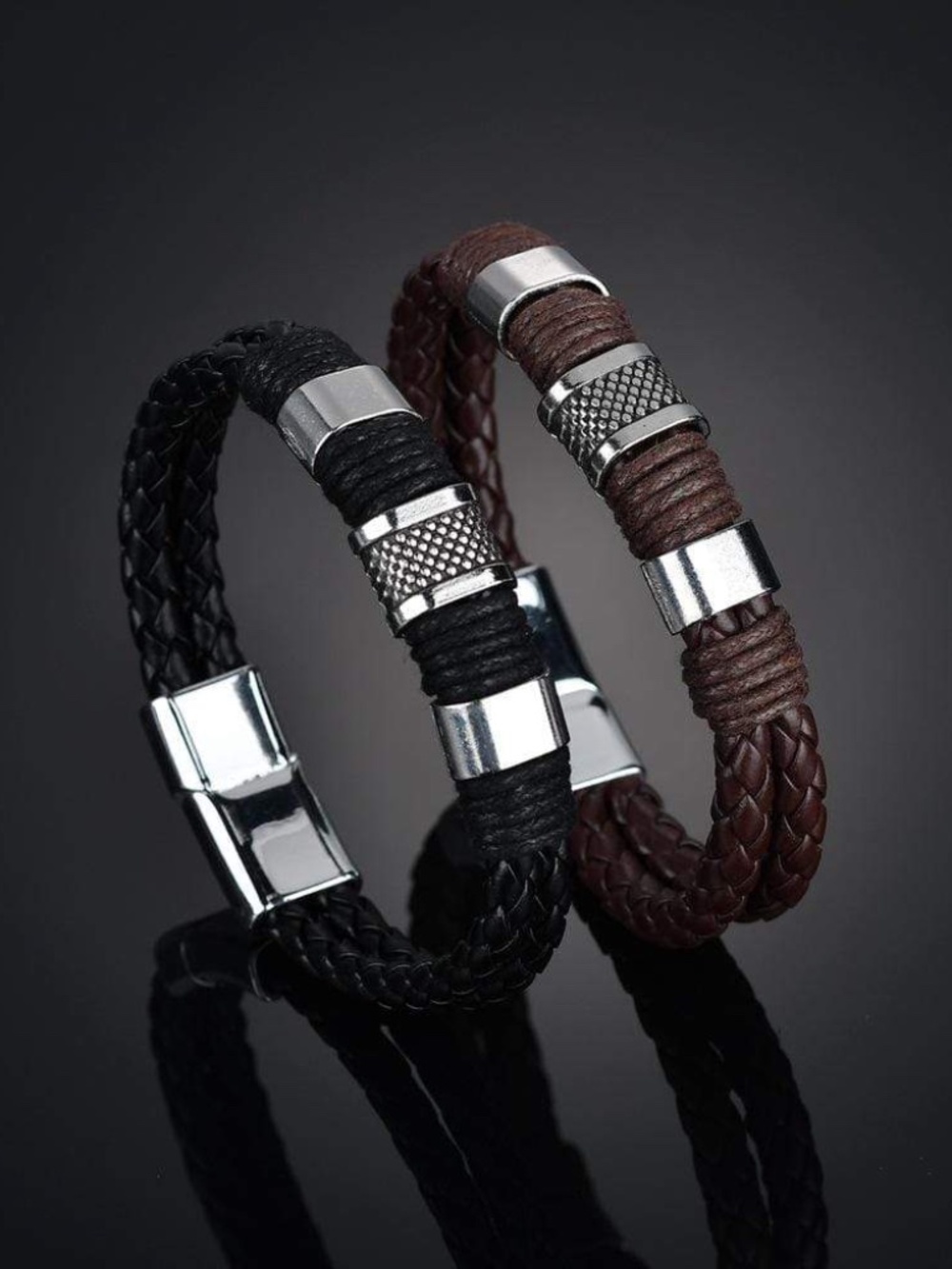 Mens Black or Brown‎ Leather Bracelets with Silver Accents